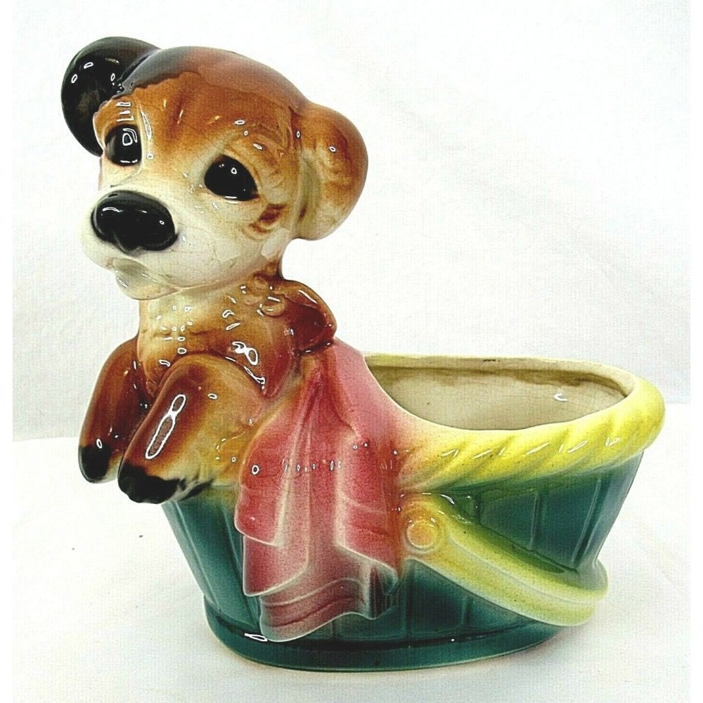 Vintage Dog In A Basket Royal Copley Puppy Ceramic Planter 1950s